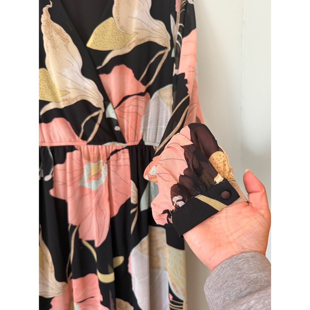 Lulus‎ Wondrous Water Lilies Black Floral Long Sleeve Midi/Maxi Dress XL NWT - Picture 6 of 11